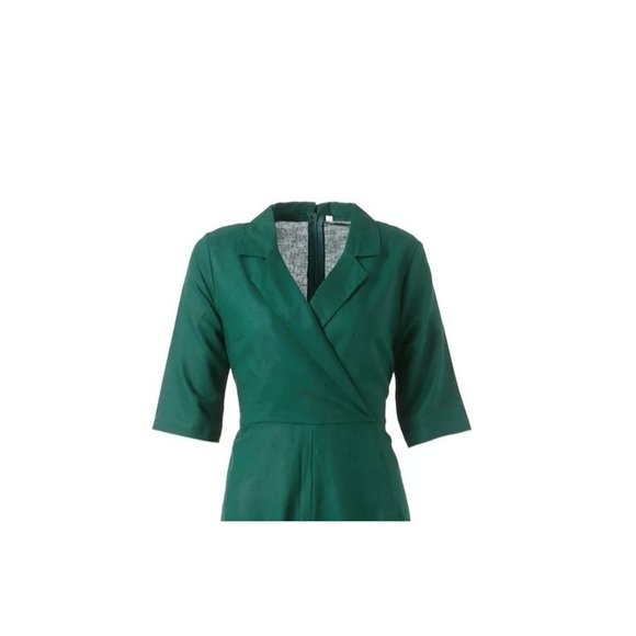 Linen Casual Wide Leg Relaxed Collar V Neck Short Sleeve Jumpsuit Zip M Green - Picture 4 of 12